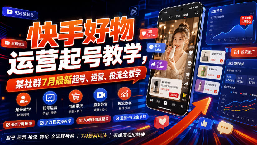 快手好物运营起号教学，某社群7月最新起号、运营、投流全教学|一人科技OPC聚合软件