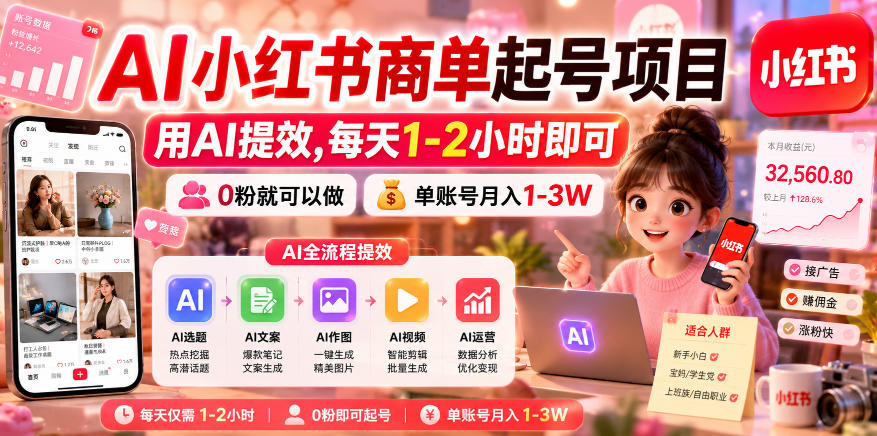 AI小红书商单起号项目，用AI提效,每天1-2小时即可，0粉就可以做，单账号月入1-3W|一人科技公司导航