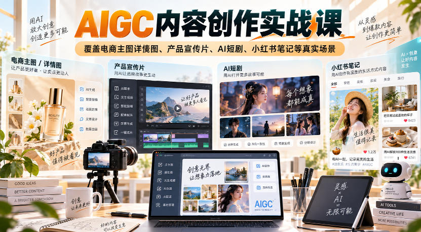 AIGC内容创作实战课，覆盖电商主图详情图、产品宣传片、AI短剧、小红书笔记等真实场景|一人科技OPC聚合软件