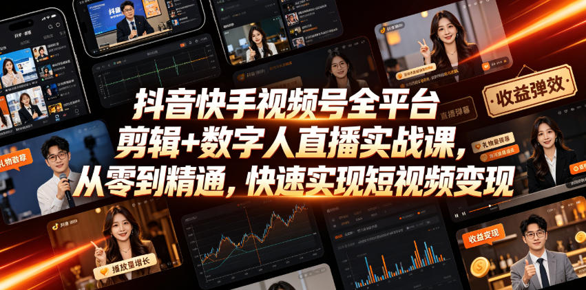 抖音快手视频号全平台剪辑+数字人直播实战课，从零到精通，快速实现短视频变现(更新2026年6月)​|一人科技OPC聚合软件