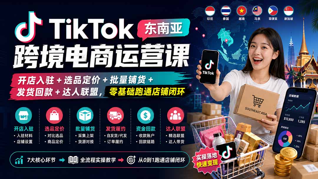 TikTok东南亚跨境电商运营课：开店入驻+选品定价+批量铺货+发货回款+达人联盟，零基础跑通店铺闭环|一人科技OPC聚合软件