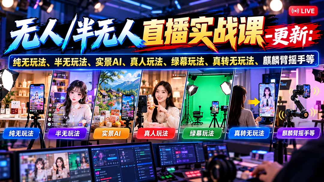 无人/半无人直播实战课-10月20更新：纯无玩法、半无玩法、实景AI、真人玩法、绿幕玩法、真转无玩法、麒麟臂摇手等|一人科技OPC聚合软件