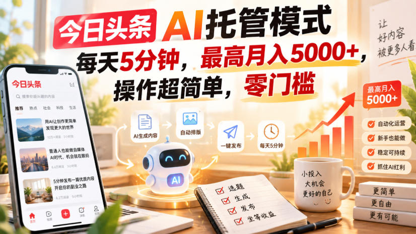 今日头条AI托管模式，每天5分钟，最高月入5000+，操作超简单，零门槛【揭秘】|一人科技OPC聚合软件