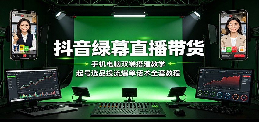 抖音绿幕直播带货：手机电脑双端搭建教学，起号选品投流爆单话术全套教程|一人科技OPC聚合软件