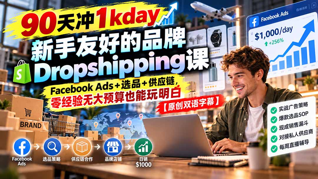 90天冲1kday 新手友好的品牌Dropshipping课：Facebook Ads+选品+供应链，零经验无大预算也能玩明白【原创双语字幕】|一人科技OPC聚合软件