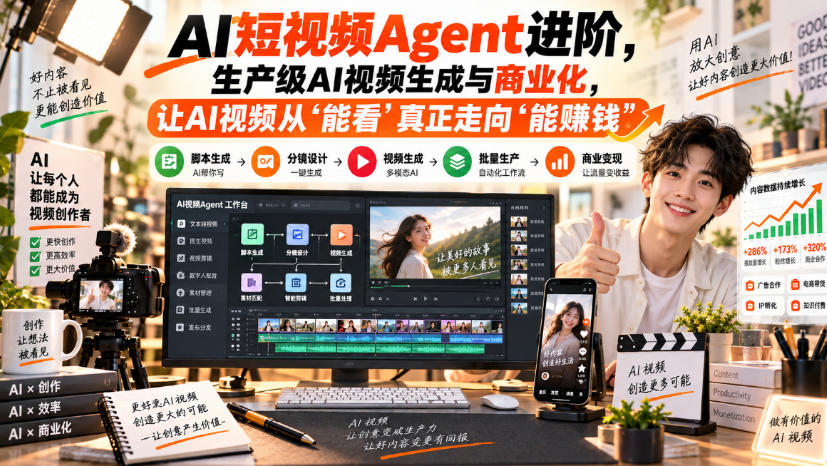 AI短视频Agent进阶，生产级AI视频生成与商业化，让AI视频从”能看”真正走向”能賺钱”|一人科技OPC聚合软件