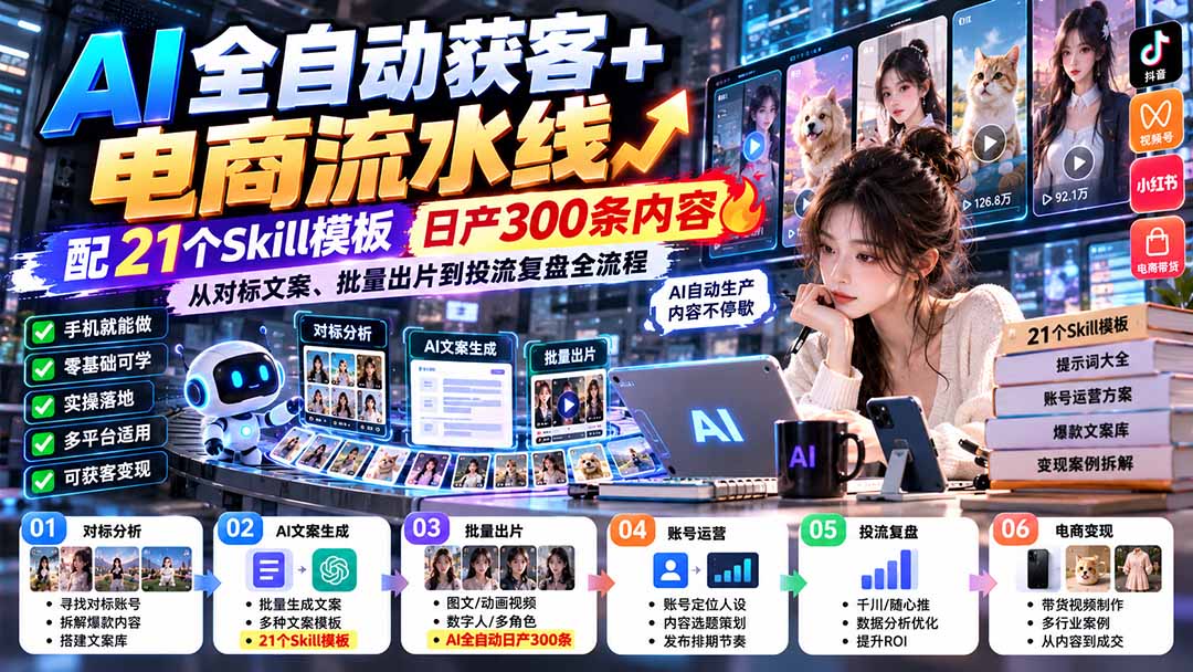 【无水印】AI全自动获客+电商流水线：配21个Skill模板，日产300条内容，从对标文案、批量出片到投流复盘全流程|一人科技OPC聚合软件