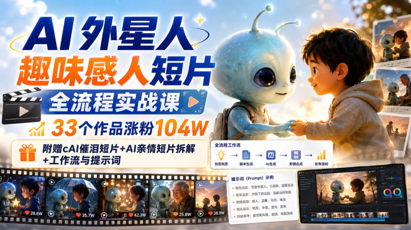 AI外星人趣味感人短片全流程实战课，33个作品涨粉104W，附赠AI催泪短片+AI亲情短片拆解+工作流与提示词|一人科技OPC聚合软件