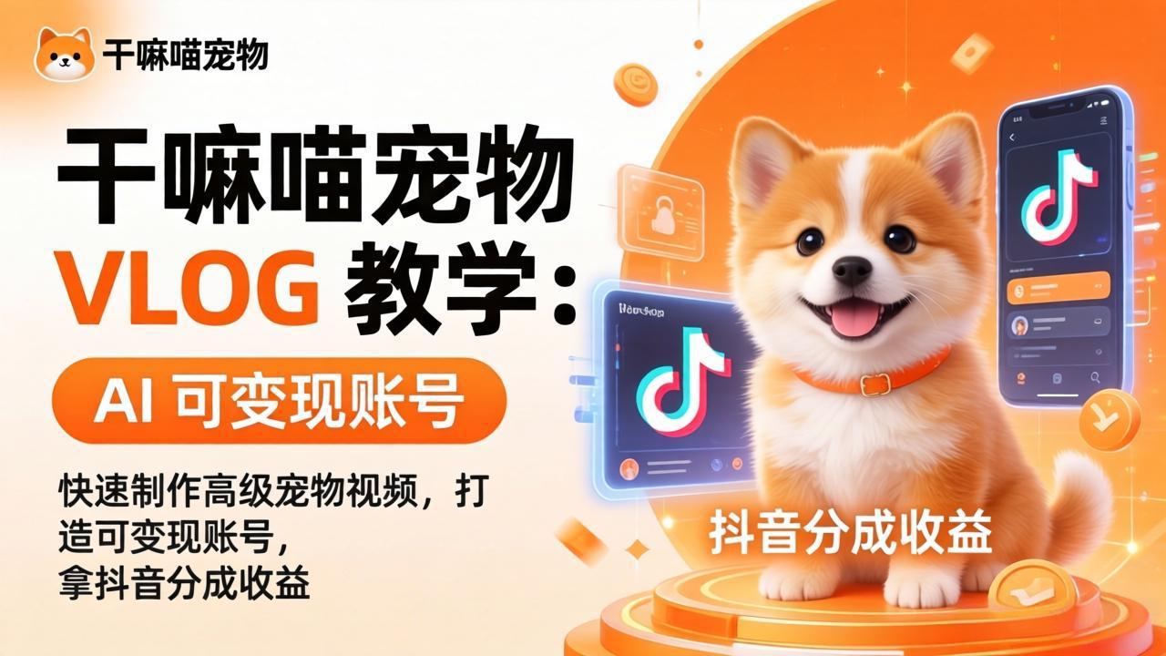 干嘛喵宠物 VLOG 教学：AI 快速制作高级宠物视频，打造可变现账号，拿抖音分成收益|协议软件打粉软件