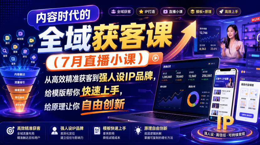 内容时代的全域获客课(7月直播小课)，从高效精准获客到强人设IP品牌，给模版帮你快速上手，给原理让你自由创新|一人科技OPC聚合软件