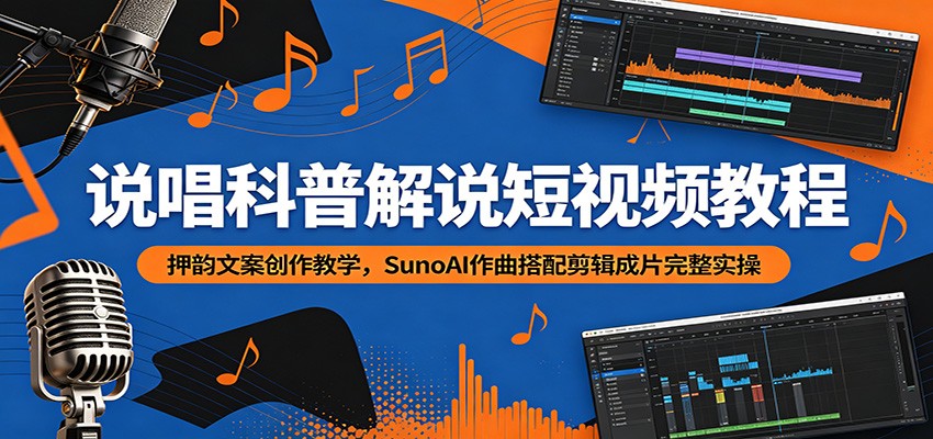 说唱科普解说短视频教程：押韵文案创作教学，SunoAI作曲搭配剪辑成片完整实操|一人科技公司导航