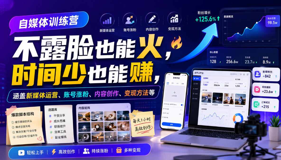 自媒体训练营，不露脸也能火，时间少也能賺，涵盖新媒体运营、账号涨粉、内容创作、变现方法等|一人科技OPC聚合软件