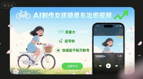 AI制作女孩骑单车治愈视频，流量大，起号快，快速起千粉万粉号|HOOK协议网