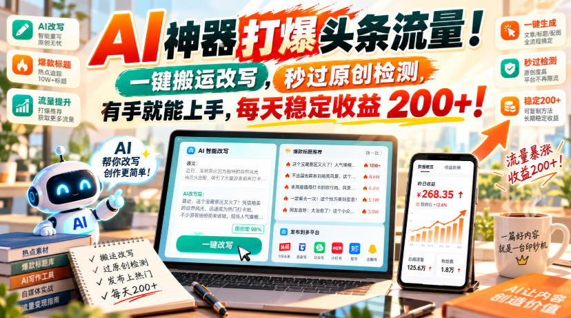AI神器打爆头条流量，一键搬运改写，秒过原创检测，有手就能上手，每天稳定收益200+！【揭秘】|一人科技OPC聚合软件