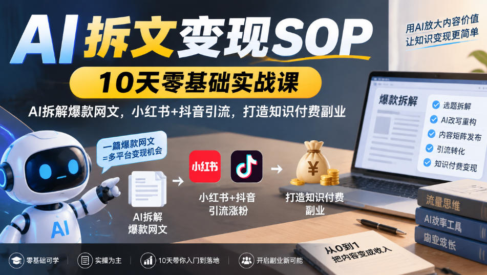 AI拆文变现SOP｜10天零基础实战课，AI拆解爆款网文，小红书+抖音引流，打造知识付费副业|一人科技OPC聚合软件