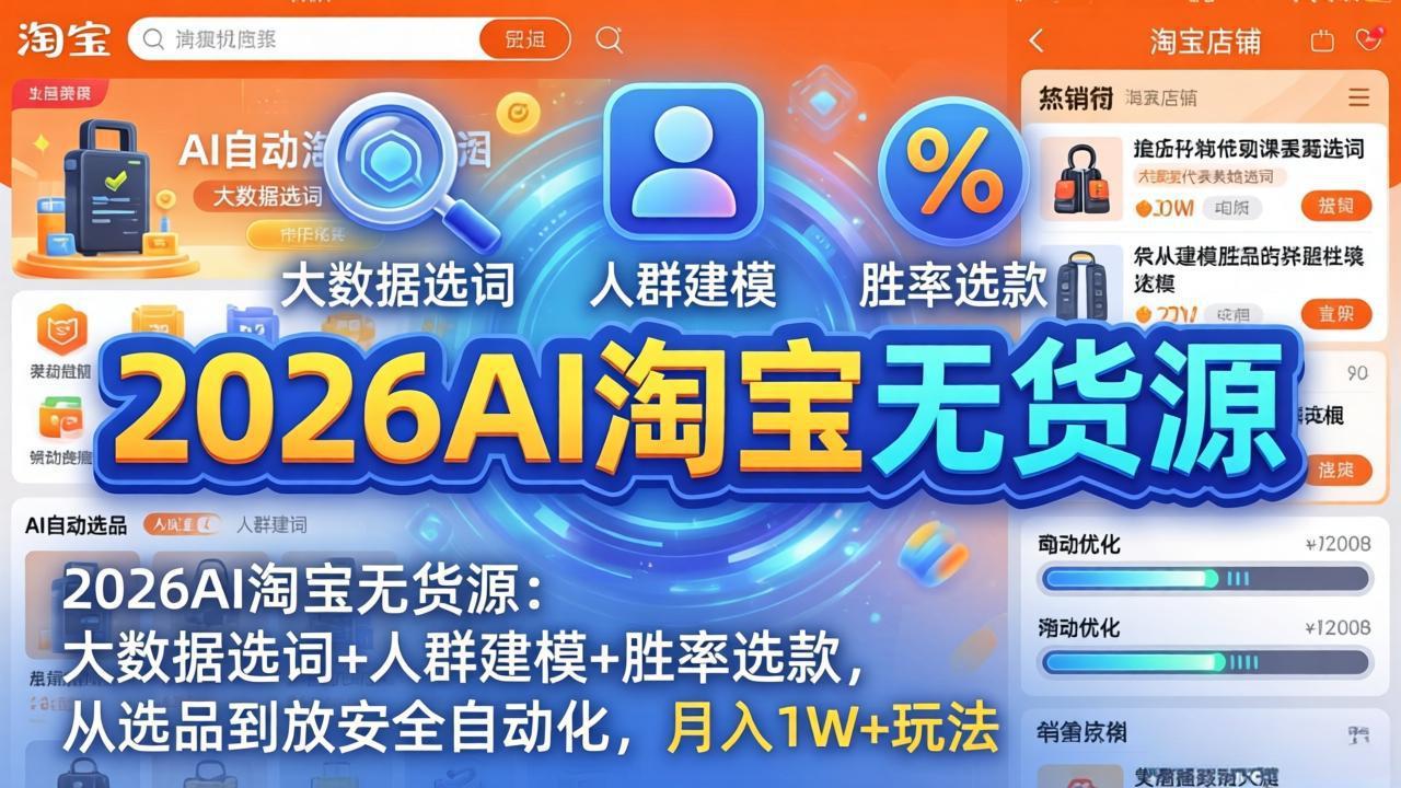 2026AI淘宝无货源-4月更新：大数据选词+人群建模+胜率选款，从选品到放大全自动化，月入1W+玩法|协议软件打粉软件