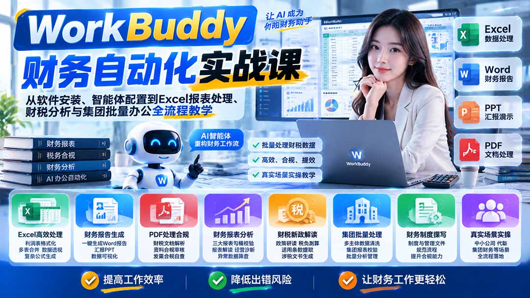 WorkBuddy财务自动化实战课：从软件安装、智能体配置到Excel报表处理、财税分析与集团批量办公全流程教学|一人科技OPC聚合软件