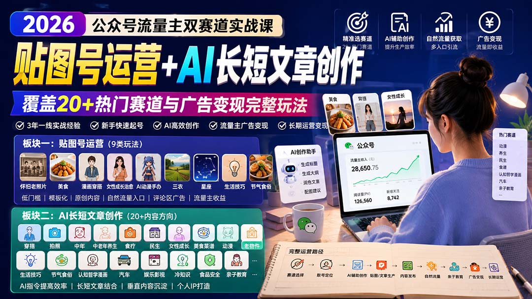 公众号流量主双赛道实战课：贴图号运营+AI长短文章创作，覆盖20+热门赛道与广告变现完整玩法|一人科技OPC聚合软件
