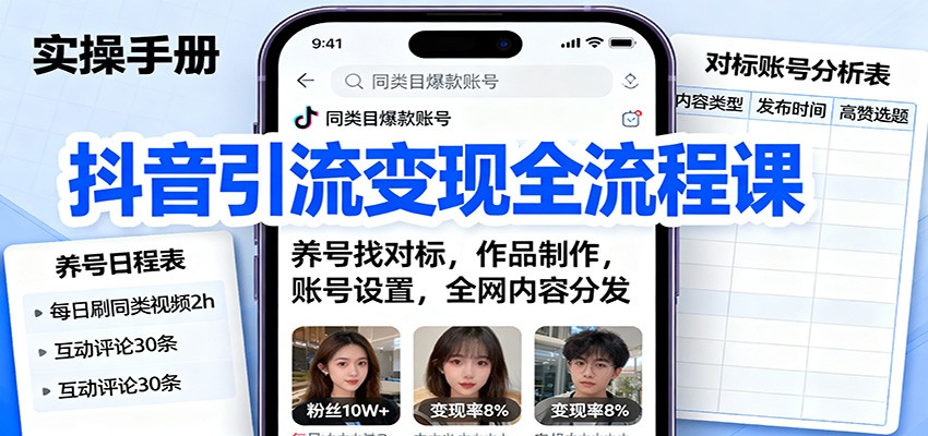 抖音引流变现全流程课：养号找对标，作品制作，账号设置，全网内容分发|HOOK协议网