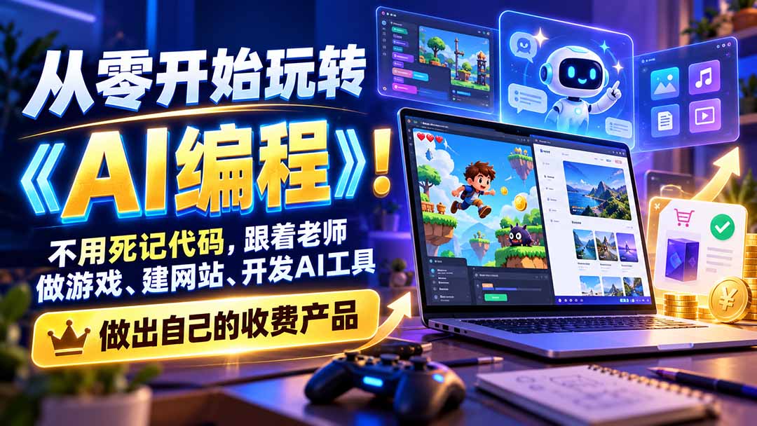 从零开始玩转《AI编程》！不用死记代码，跟着老师做游戏、建网站、开发AI工具，最后完成自己的收费产品|一人科技OPC聚合软件