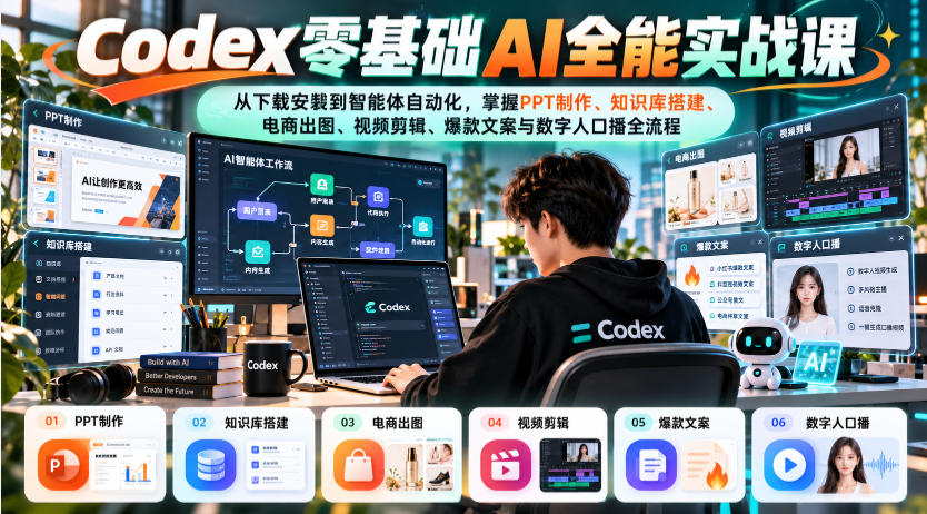 Codex零基础AI全能实战课：从下载安装到智能体自动化，掌握知识库搭建、电商出图、视频剪辑、爆款文案与数字人口播全流程|一人科技OPC聚合软件