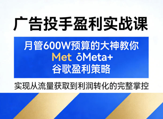 广告投手盈利实战课，月管600W预算的大神教你Meta+谷歌盈利策略，实现从流量获取到利润转化的完整掌控|协议软件打粉软件