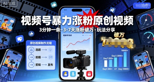 视频号暴力涨粉原创视频，3分钟一条原创视频，3-7天涨粉破万，玩法分享给你|HOOK协议网