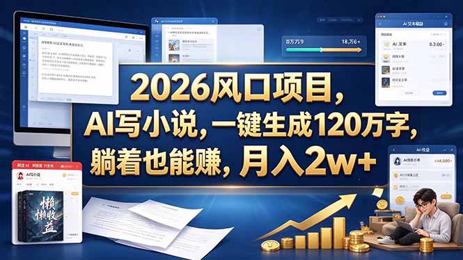 2026 风口项目，AI 写小说，一键生成 120 万字，躺着也能赚，月入 2w +|一人科技OPC聚合软件