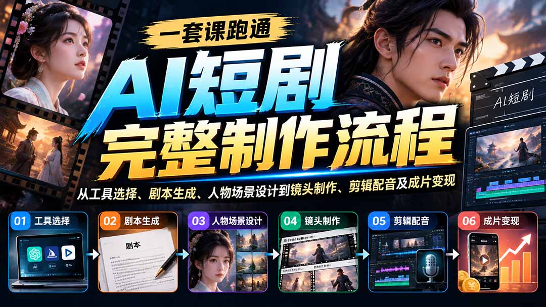 一套课跑通AI短剧完整制作流程：从工具选择、剧本生成、人物场景设计到镜头制作、剪辑配音及成片变现|一人科技OPC聚合软件