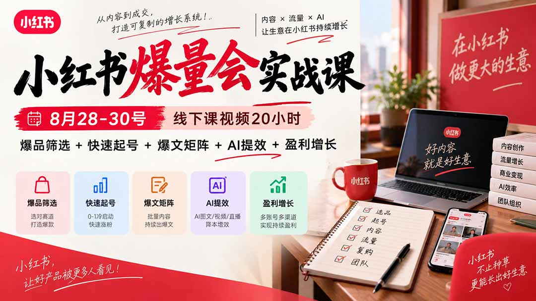 小红书爆量会实战课-更新9月17：线下课视频20小时，爆品筛选+快速起号+爆文矩阵+AI提效+盈利增长|一人科技OPC聚合软件