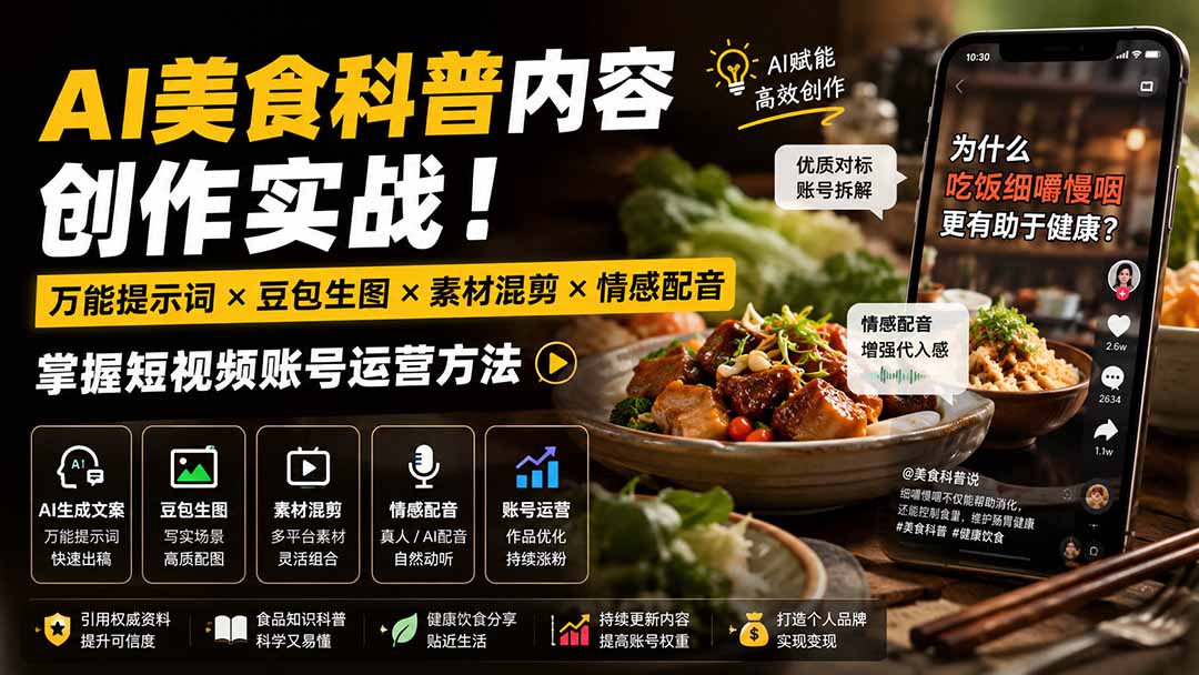 外面卖199元-AI美食科普内容创作实战！万能提示词×豆包生图×素材混剪×情感配音，掌握短视频账号运营方法|一人科技OPC聚合软件