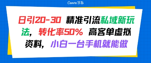 日引 20-30 精准引流私域新玩法，转化率50% 高客单虚拟资料，小白一台手机就能做|HOOK协议网