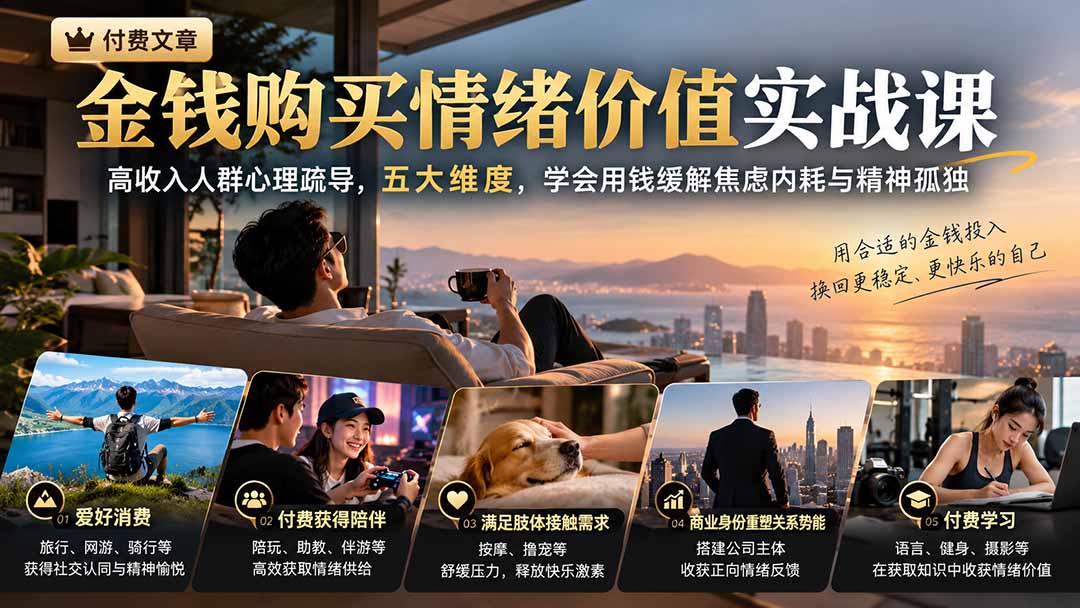 付费文章：金钱购买情绪价值实战课｜高收入人群心理疏导，五大维度，学会用钱缓解焦虑内耗与精神孤独|一人科技OPC聚合软件