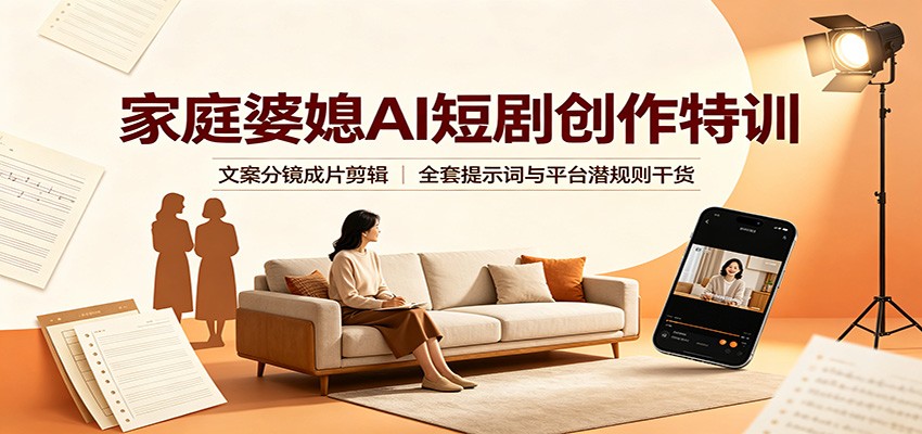 家庭婆媳AI短剧创作特训：文案分镜成片剪辑，全套提示词与平台潜规则干货|一人科技OPC聚合软件