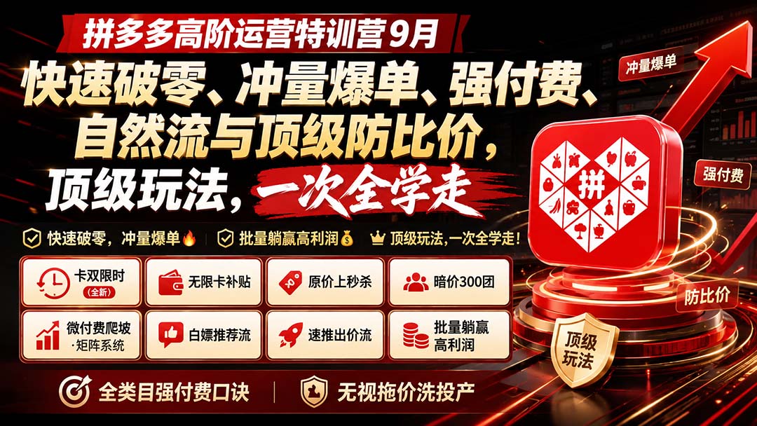 拼多多高阶运营特训营9月：快速破零、冲量爆单、强付费、自然流与顶级防比价， 顶级玩法，一次全学走|一人科技OPC聚合软件