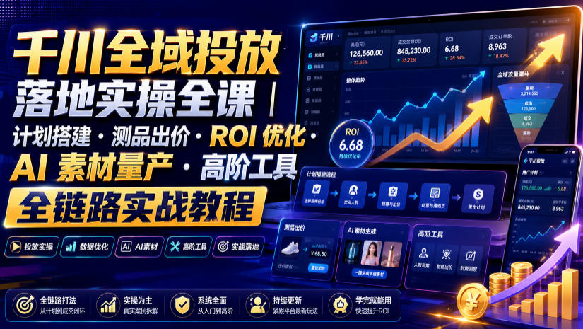 千川全域投放落地实操全课｜计划搭建・测品出价・ROI优化・AI素材量产・高阶工具全链路实战教程|一人科技OPC聚合软件