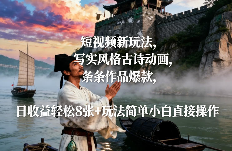 短视频新玩法，写实风格古诗动画，条条作品爆款，日收益轻松8张+玩法简单小白直接操作|HOOK协议网