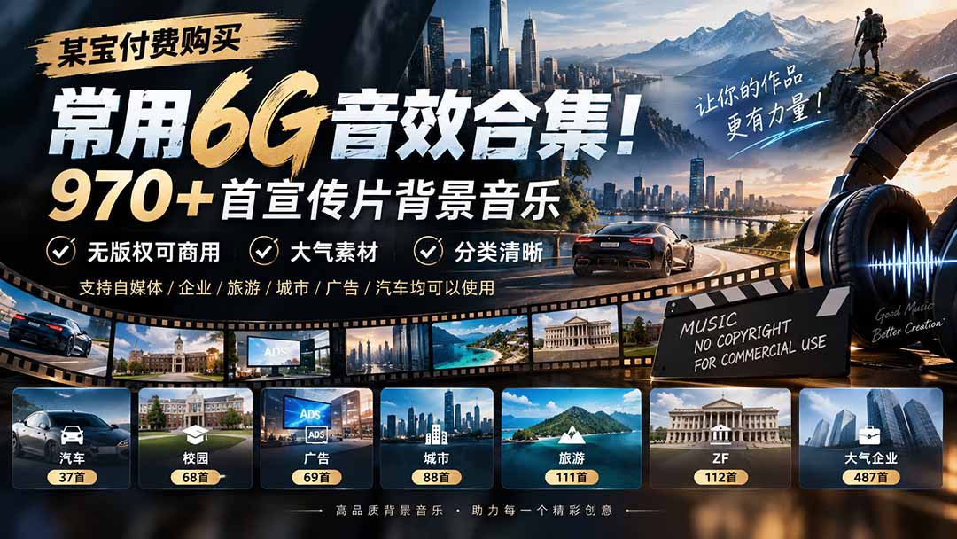 某宝付费购买，常用6G音效合集！970+首宣传片背景音乐，无版权可商用大气素材，分类清晰|一人科技OPC聚合软件