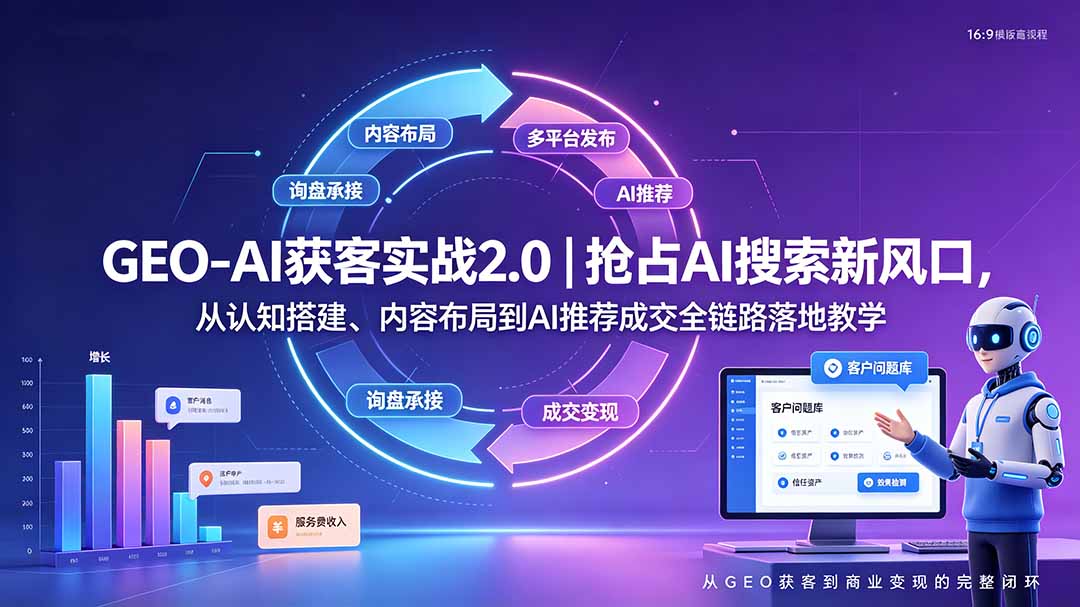 GEO-AI获客实战｜抢占AI搜索新风口，从认知搭建、内容布局到AI推荐成交全链路落地教学|一人科技OPC聚合软件