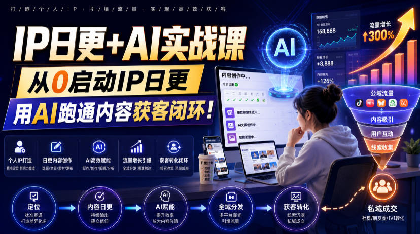 IP日更+AI实战课，从0启动IP日更，IP置顶视频制作+100条选题库搭建+10条日更规划，用AI跑通内容获客闭环!|一人科技OPC聚合软件