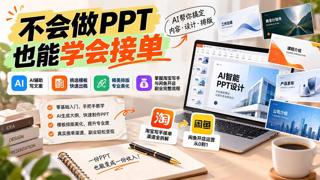 不会做PPT也能学会接单：AI辅助写文案、挑模板、做排版，掌握淘宝写手与闲鱼开店副业完整流程|一人科技OPC聚合软件