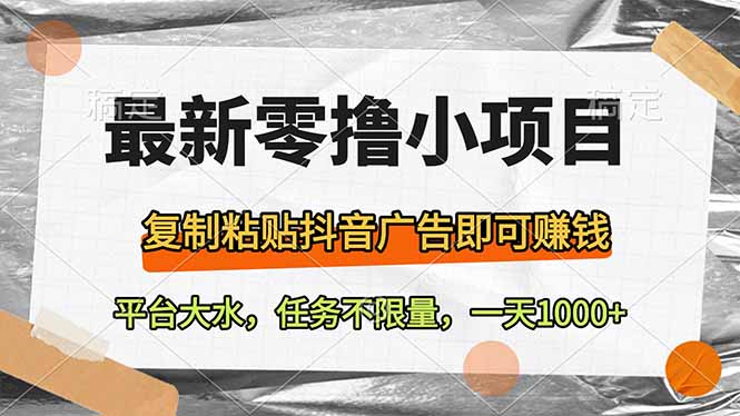 最新零撸小项目，复制粘贴抖音广告即可赚钱，平台大水，任务不限量，一…|HOOK协议网