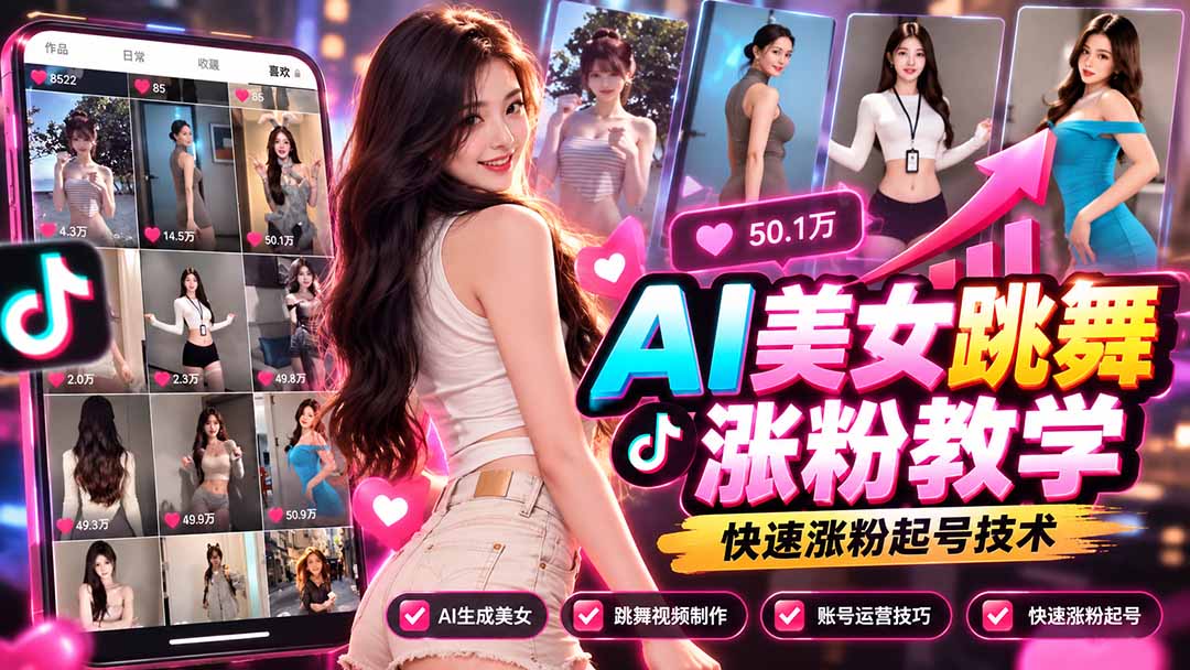 AI美女跳舞涨粉教学，AI生成美女，跳舞视频制作，账号运营与快速起号涨粉|一人科技OPC聚合软件