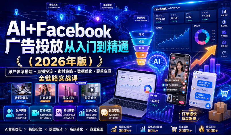 AI+Facebook广告投放从入门到精通(2026年版)｜账户体系搭建・直播投流・素材策略・数据优化・聊单变现全链路实战课|一人科技OPC聚合软件