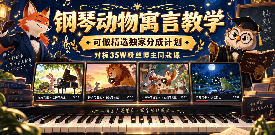 钢琴动物寓言教学，可做精选独家分成计划，对标35W粉丝博主同款课|一人科技OPC聚合软件