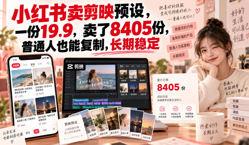 小红书卖剪映预设，一份19.9，卖了8405份，普通人也能复制，长期稳定|一人科技OPC聚合软件