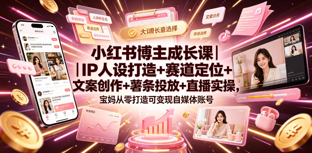 小红书博主成长课｜IP人设打造+赛道定位+文案创作+薯条投放+直播实操，宝妈从零打造可变现自媒体账号|一人科技OPC聚合软件