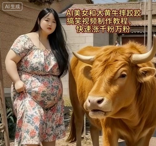 AI美女和大黄牛摔跤搞笑荒诞视频制作教程，快速涨千粉万粉|HOOK协议网