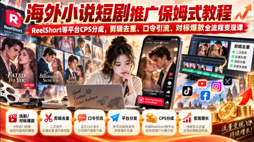 海外小说短剧推广保姆式教程｜ReelShort等平台CPS分成，剪辑去重、口令引流、对标爆款全流程变现课|一人科技OPC聚合软件