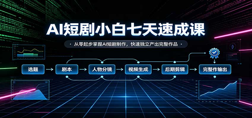 AI短剧小白七天速成课：从零起步掌握AI短剧制作，快速独立产出完整作品|一人科技OPC聚合软件